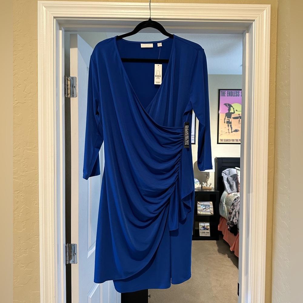 NWT: NY & Company Faux Wrap Dress with ruching, 3/4 sleeve, royal blue